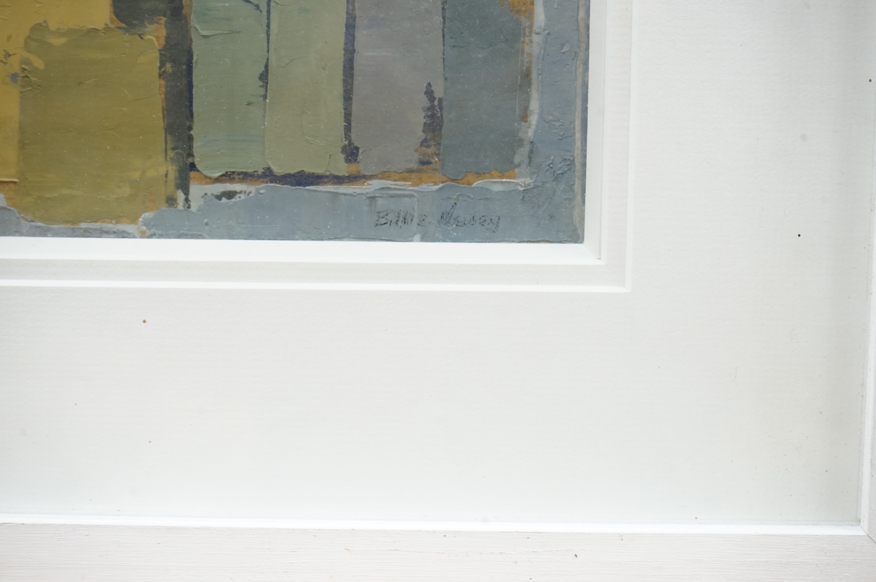 Billie Newey (contemporary), untitled abstract composition, Geometric shapes, signed, impasto oil on board, 17 x 24cm